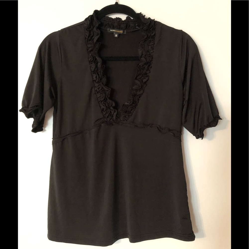 BCBG black ruffle V neck top size M